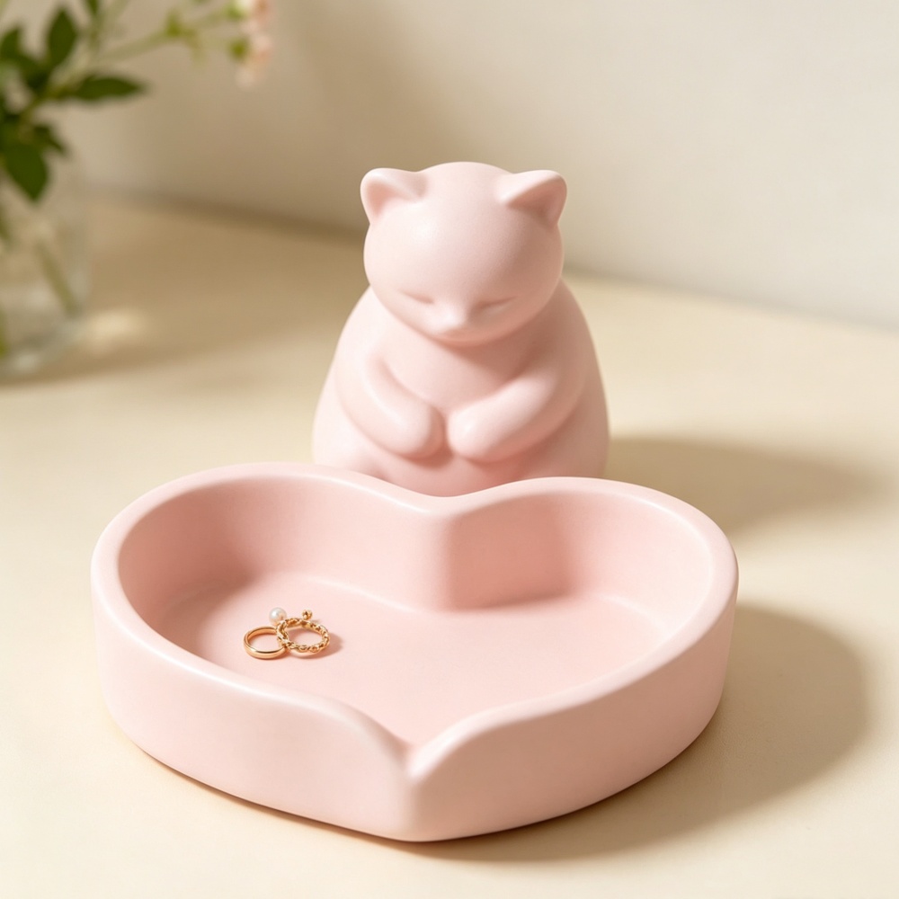 3Dプリントされたピンクの猫とハート型のトレイ、ジュエリーデ - 3D Printing Ring Holder のレビューと価格